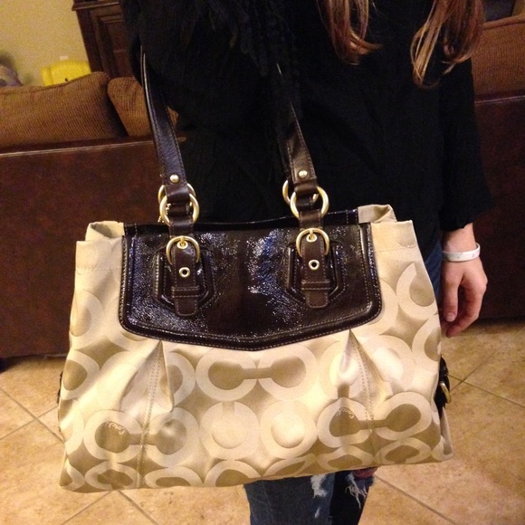 Tan Coach Purse w/ Brown Leather Straps - Picture 2 of 4